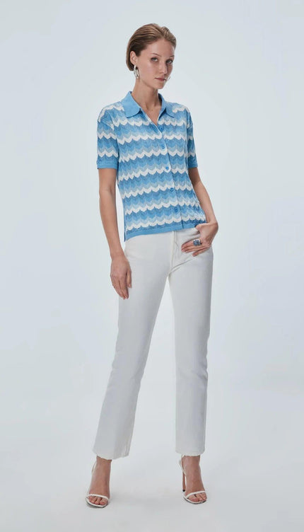 Zikzak Desenli Polo Yaka Bluz