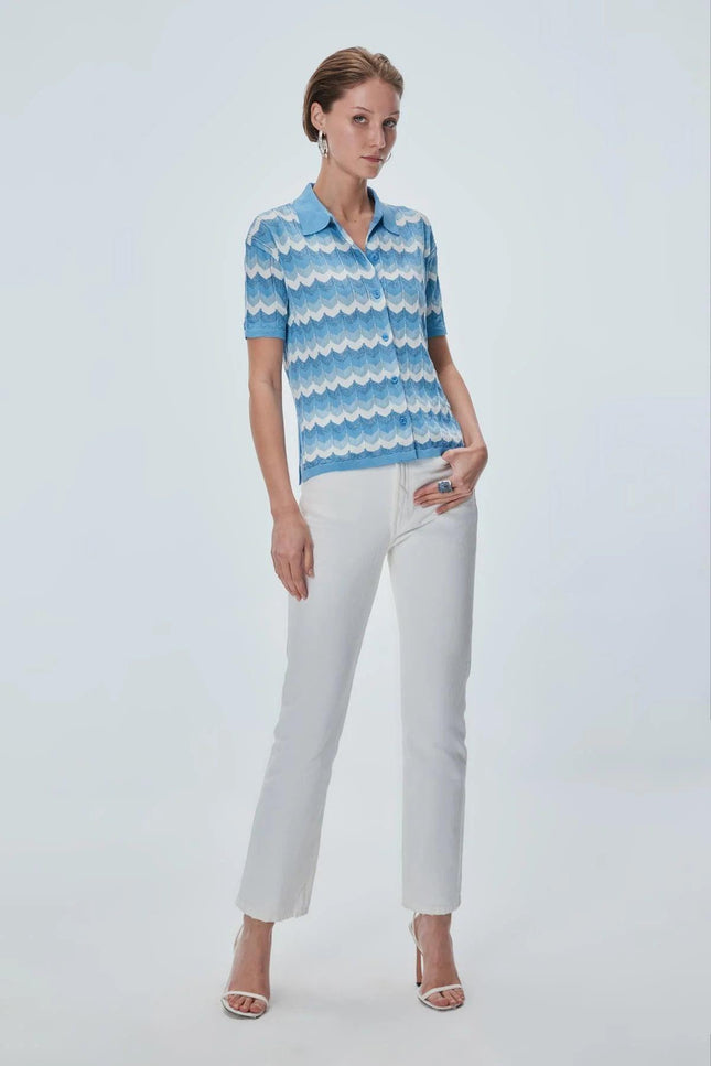 Zikzak Desenli Polo Yaka Bluz